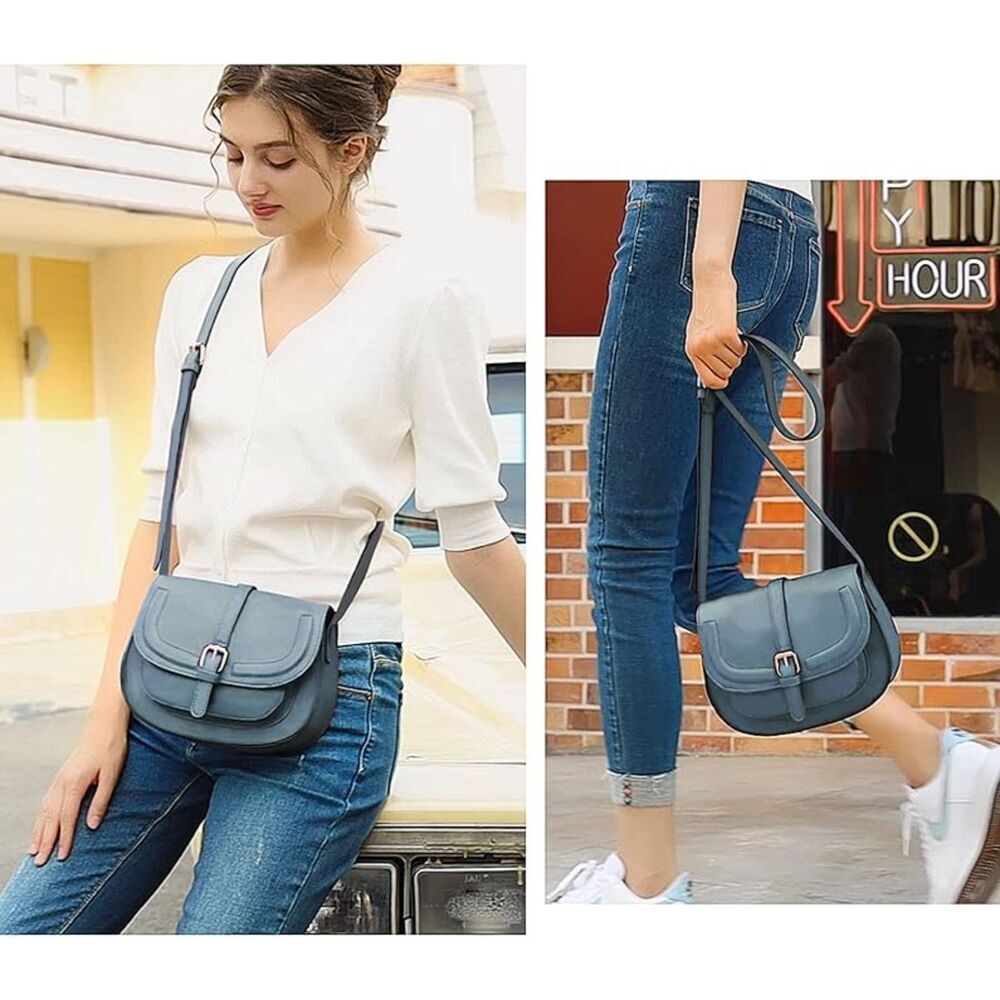 Women Blue Imported Vegan Leather Polycotton Small Saddle Boho Crossbody Bags - Picture 3 of 4